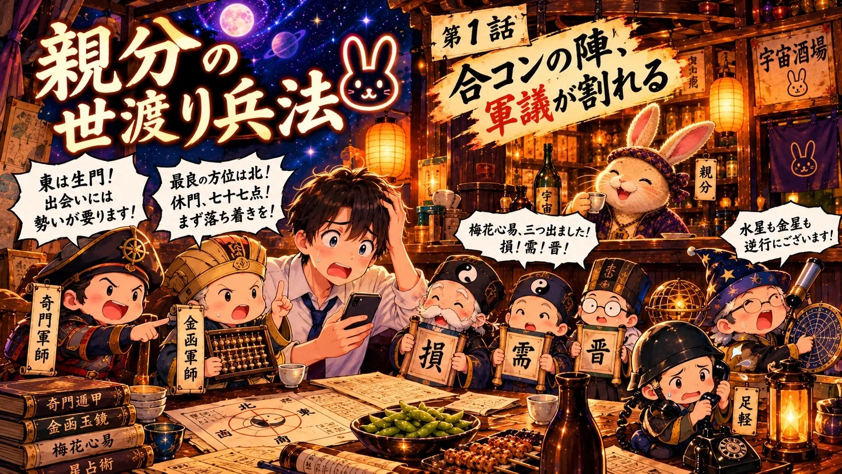 親分の世渡り兵法 第1話。スマホを手に頭を抱える殿を、奇門・金函・易の軍師たちが取り囲んで口々に叫ぶ宇宙酒場。奥のカウンターで、親分が笑って杯を傾けている。