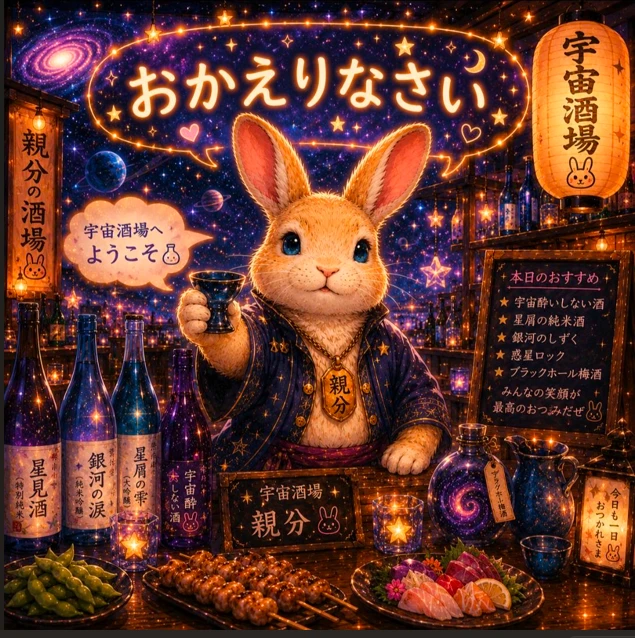 「おかえりなさい」と迎える、宇宙酒場のうさぎの親分。星がきらめく夜空の下で杯を掲げ、黒板には「本日のおすすめ」が書かれている。