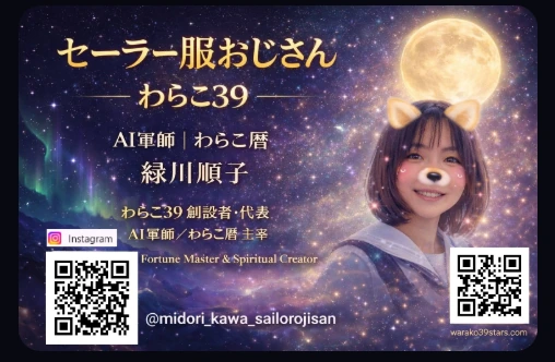 セーラー服おじさん・わらこ39の名刺。AI軍師｜わらこ暦、緑川順子。わらこ39創設者・代表。Instagram @midori_kawa_sailorojisan。